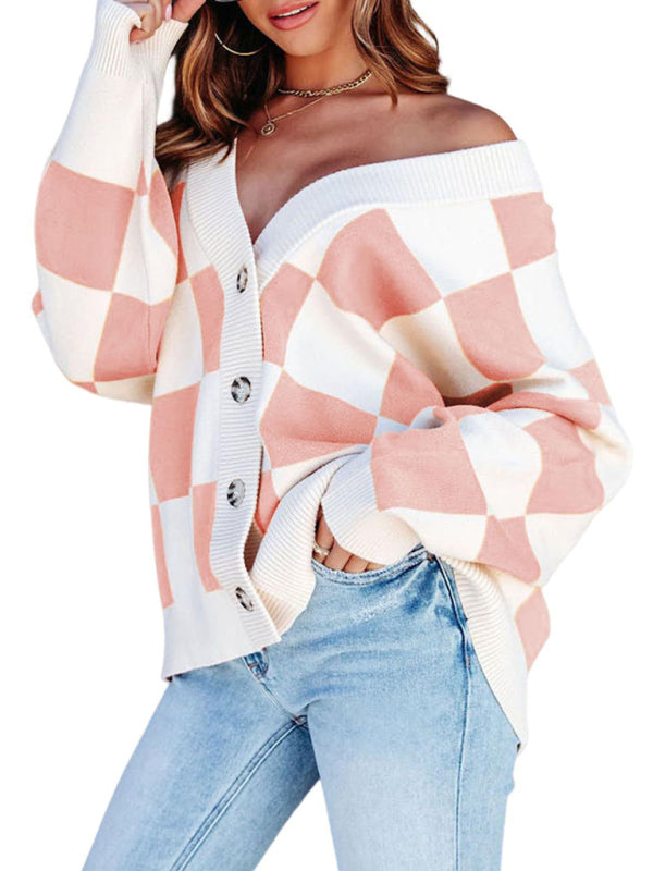 Blue Zone Planet |  Thea's Checkerboard Loose Button Cardigan BLUE ZONE PLANET