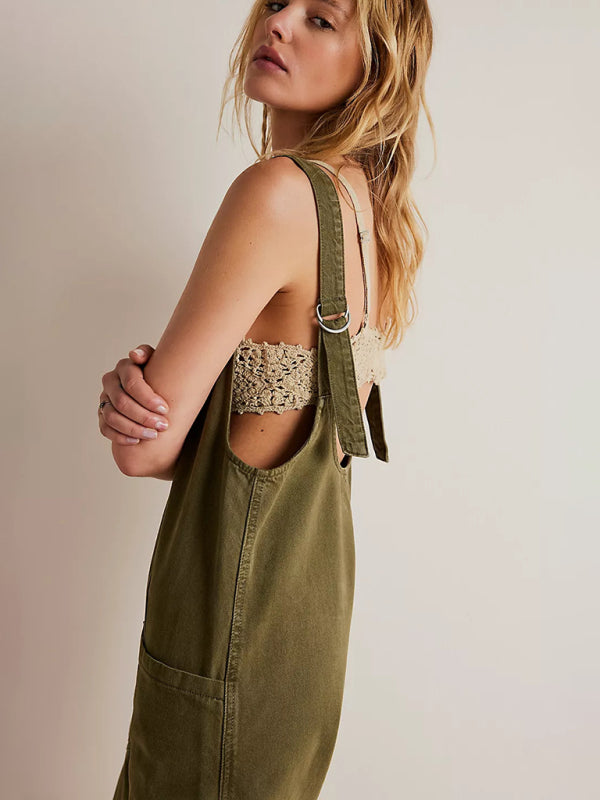 washed denim V-neck jumpsuit adjustable overalls BLUE ZONE PLANET