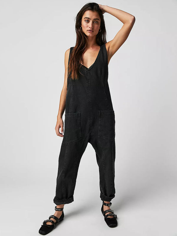 washed denim V-neck jumpsuit adjustable overalls BLUE ZONE PLANET