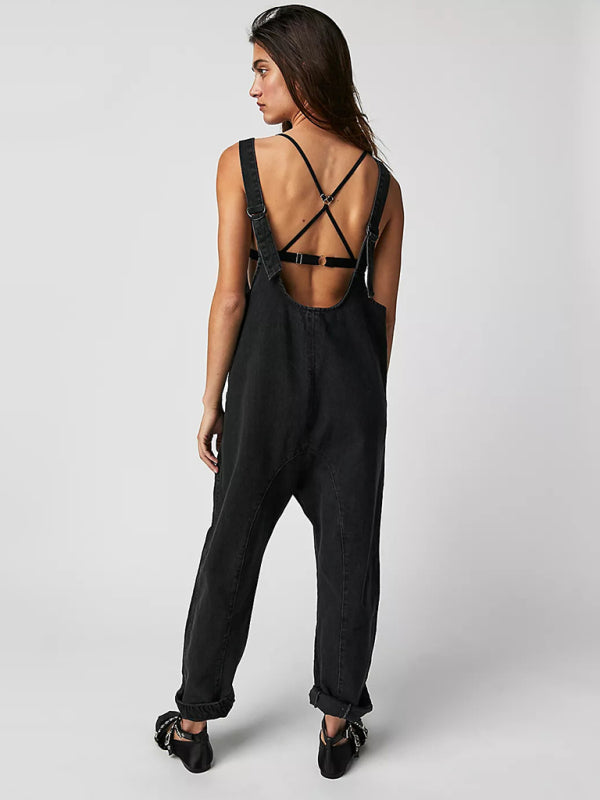 washed denim V-neck jumpsuit adjustable overalls BLUE ZONE PLANET