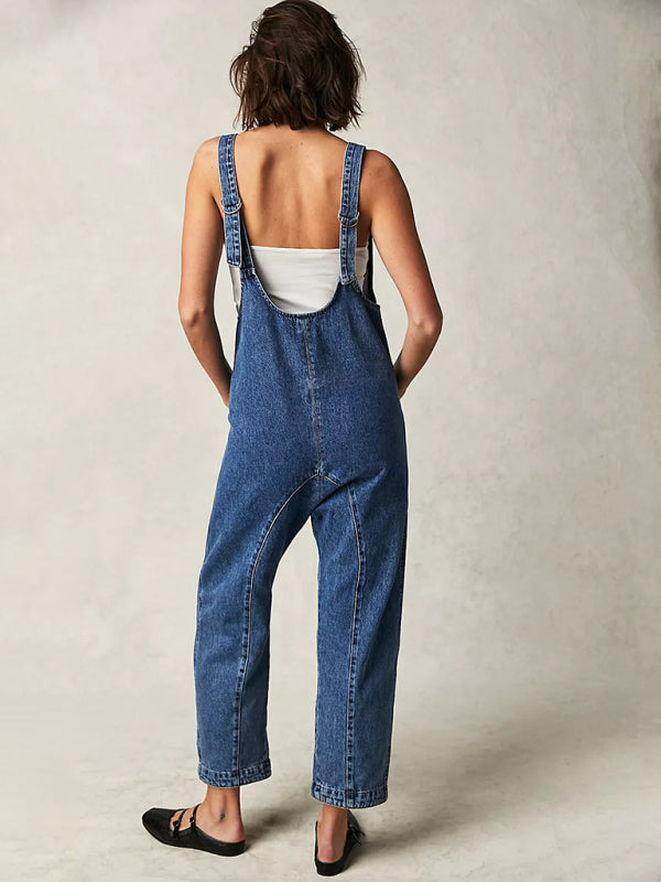 washed denim V-neck jumpsuit adjustable overalls BLUE ZONE PLANET