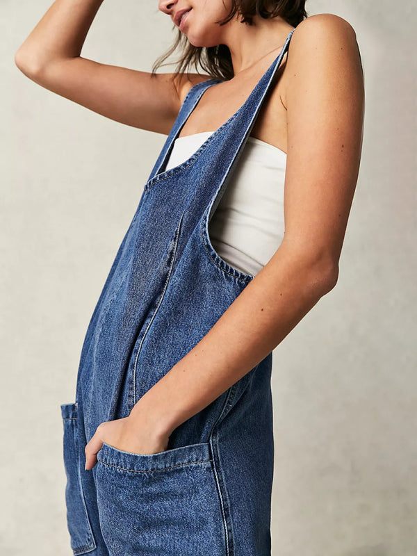 washed denim V-neck jumpsuit adjustable overalls BLUE ZONE PLANET