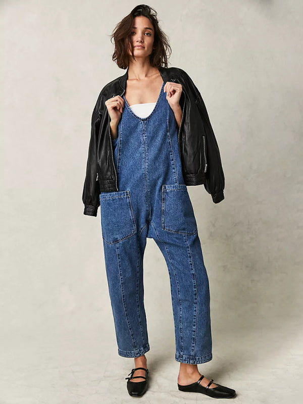 washed denim V-neck jumpsuit adjustable overalls BLUE ZONE PLANET