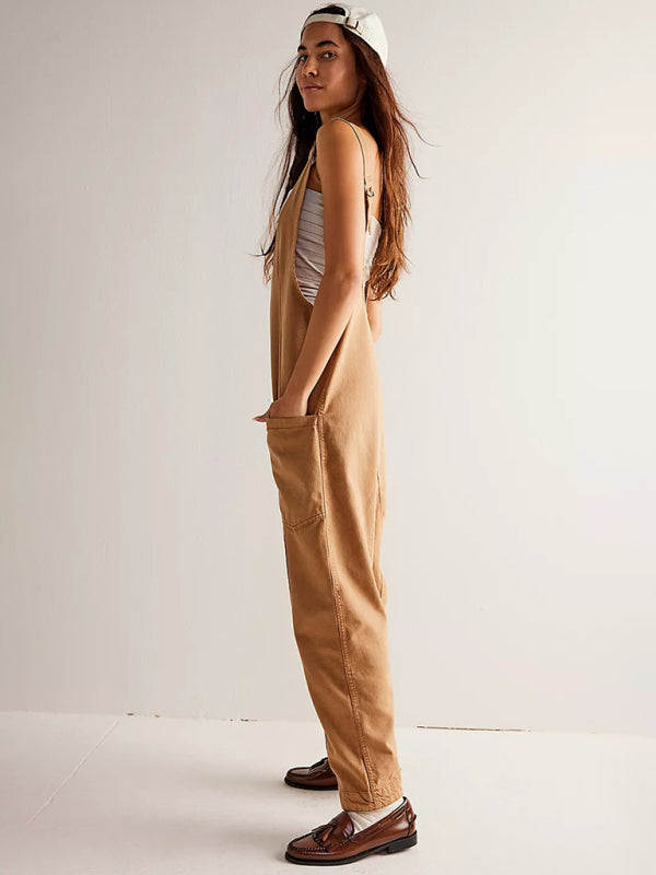 washed denim V-neck jumpsuit adjustable overalls BLUE ZONE PLANET