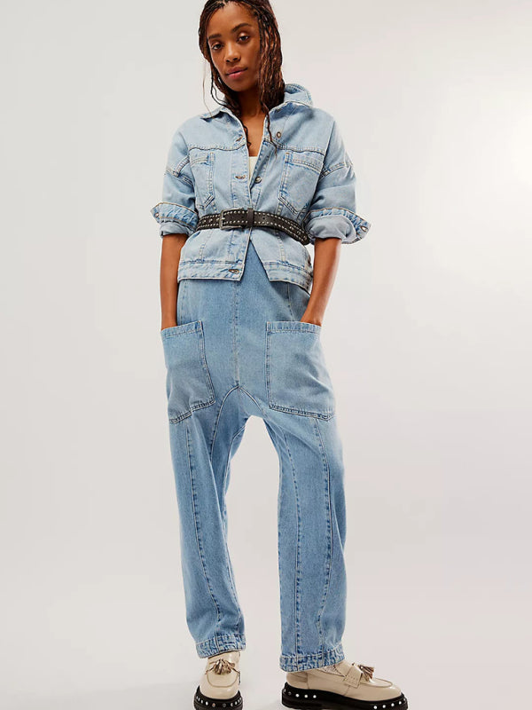 washed denim V-neck jumpsuit adjustable overalls BLUE ZONE PLANET