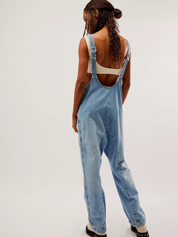 washed denim V-neck jumpsuit adjustable overalls BLUE ZONE PLANET