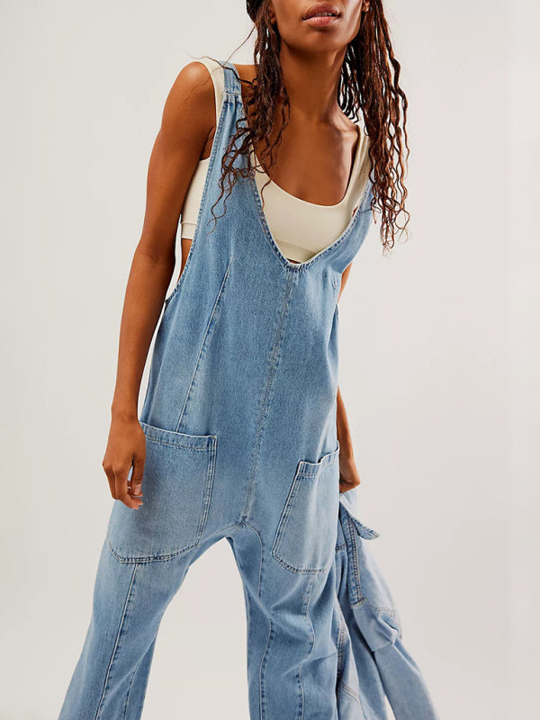washed denim V-neck jumpsuit adjustable overalls BLUE ZONE PLANET