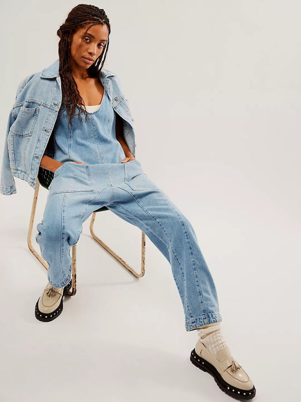 washed denim V-neck jumpsuit adjustable overalls BLUE ZONE PLANET