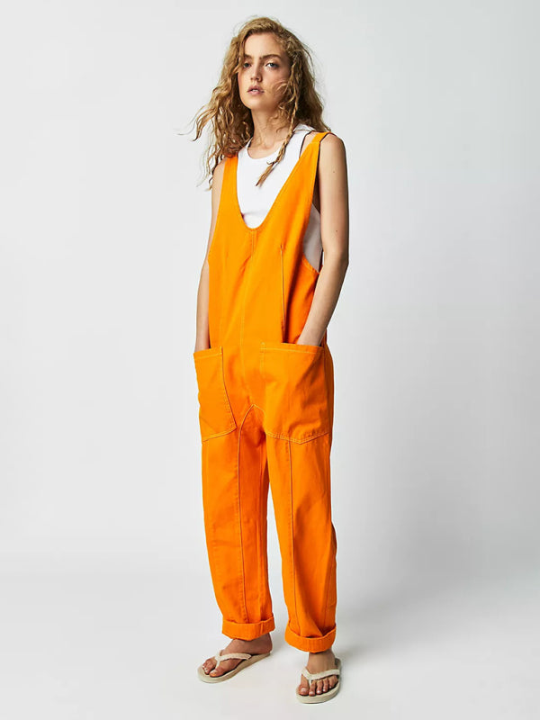 washed denim V-neck jumpsuit adjustable overalls BLUE ZONE PLANET