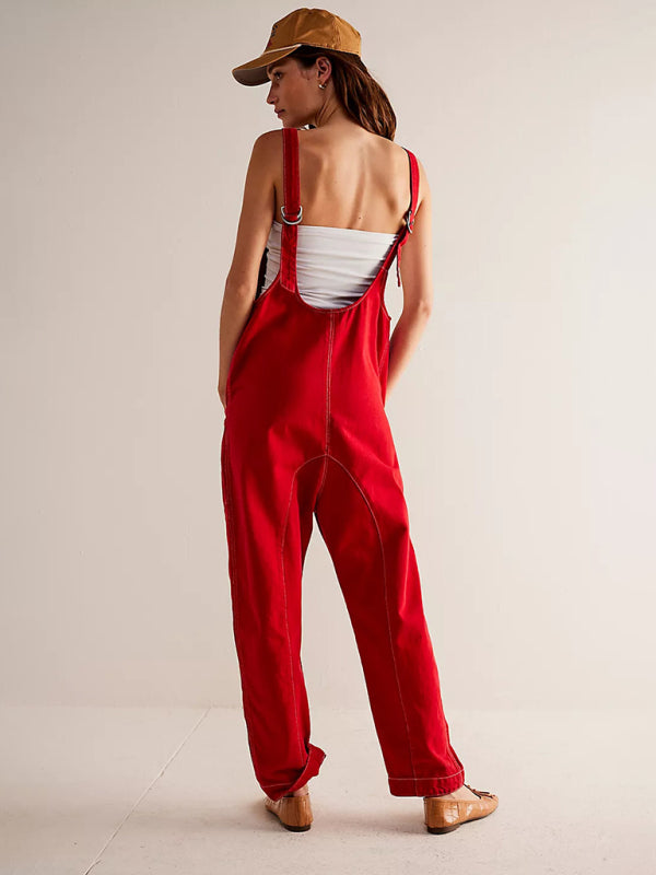 washed denim V-neck jumpsuit adjustable overalls BLUE ZONE PLANET