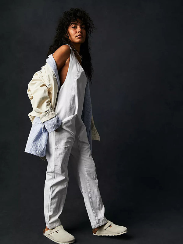 washed denim V-neck jumpsuit adjustable overalls BLUE ZONE PLANET