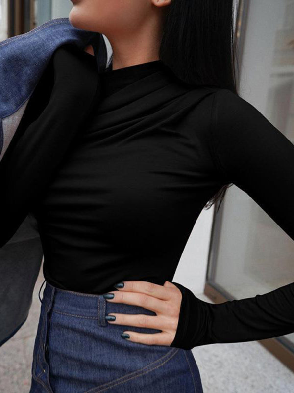 Blue Zone Planet | solid color versatile round neck pleated long sleeve inner slim fit T-shirt BLUE ZONE PLANET