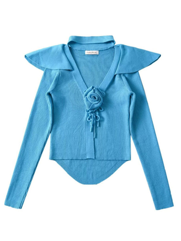 Blue Zone Planet | style French rose large lapel scarf knitted cardigan BLUE ZONE PLANET