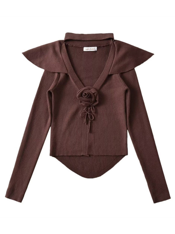 Blue Zone Planet | style French rose large lapel scarf knitted cardigan BLUE ZONE PLANET