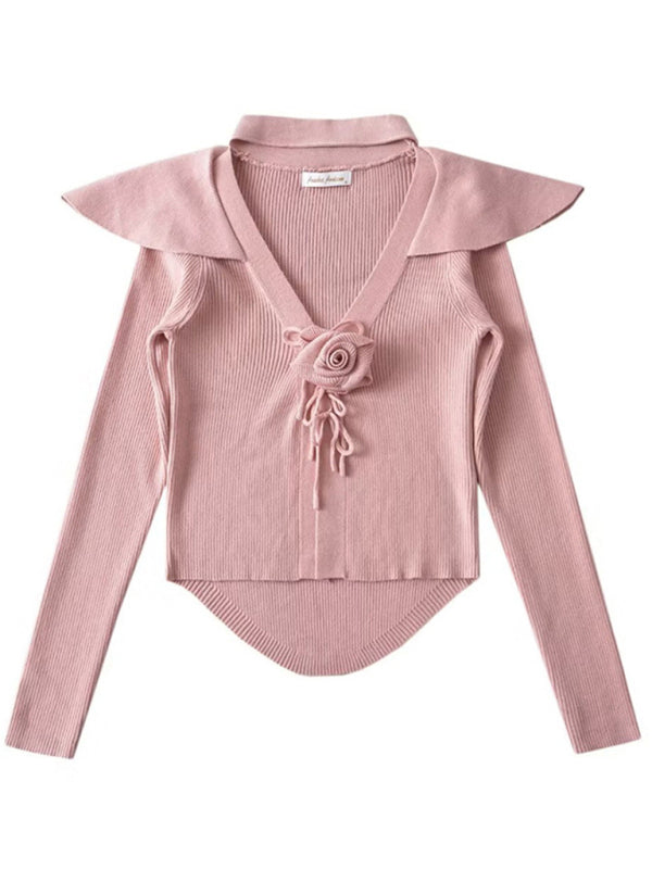 Blue Zone Planet | style French rose large lapel scarf knitted cardigan BLUE ZONE PLANET