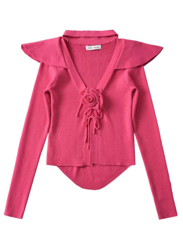 Blue Zone Planet | style French rose large lapel scarf knitted cardigan BLUE ZONE PLANET