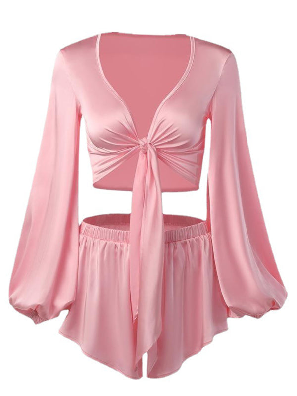 Blue Zone Planet | New lantern sleeve V-neck top, vacation style sexy navel-baring strappy shorts set BLUE ZONE PLANET