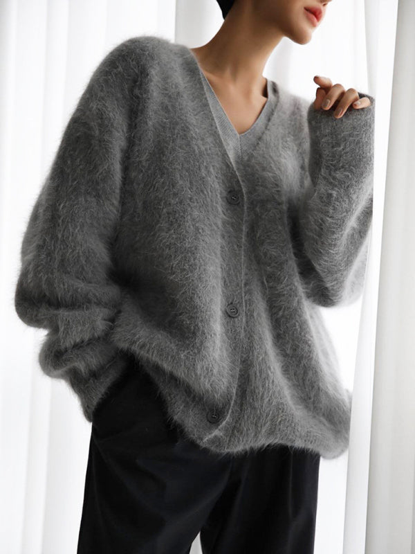 Blue Zone Planet | loose long sleeve long wool V-neck sweater cardigan BLUE ZONE PLANET