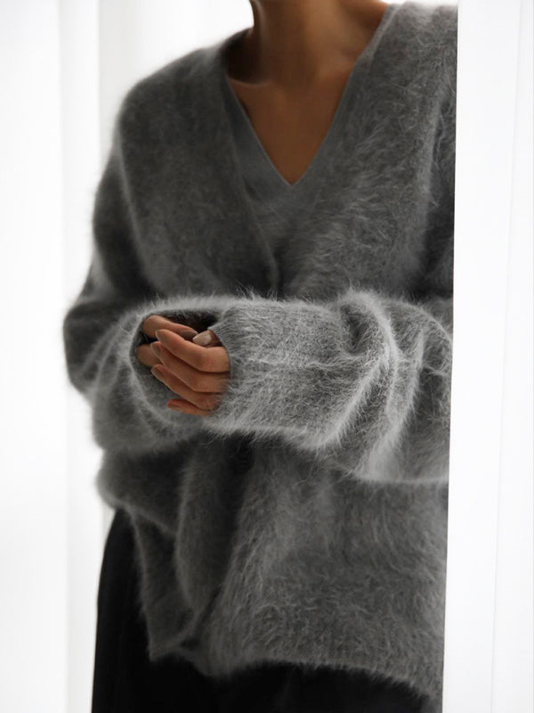 Blue Zone Planet | loose long sleeve long wool V-neck sweater cardigan BLUE ZONE PLANET