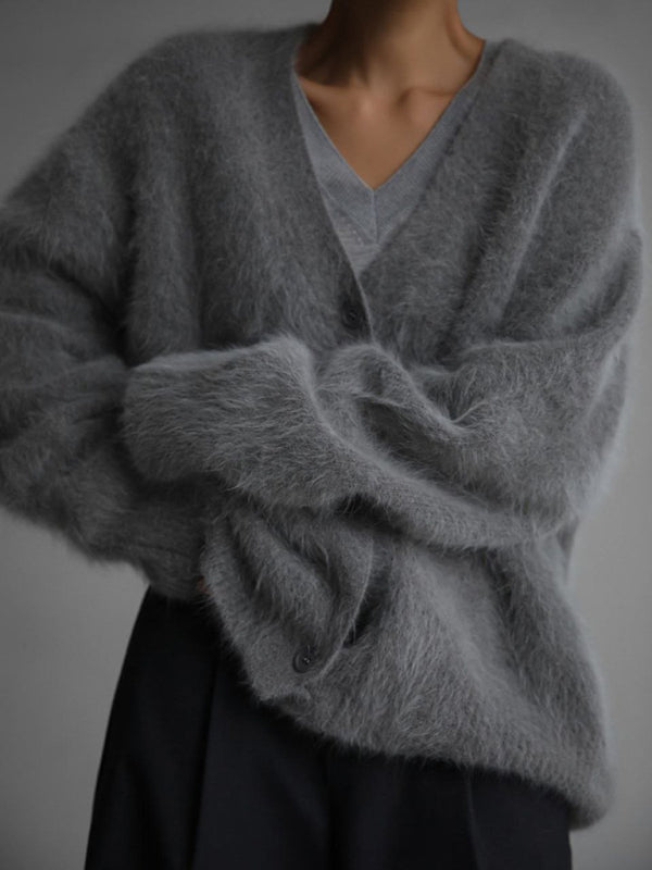 Blue Zone Planet | loose long sleeve long wool V-neck sweater cardigan BLUE ZONE PLANET