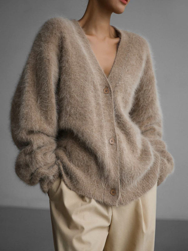 Blue Zone Planet | loose long sleeve long wool V-neck sweater cardigan BLUE ZONE PLANET