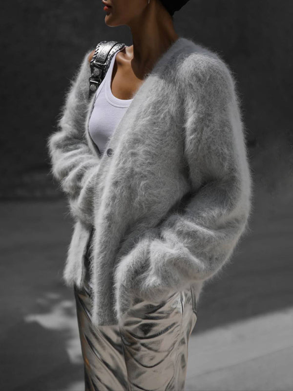 Blue Zone Planet | loose long sleeve long wool V-neck sweater cardigan BLUE ZONE PLANET