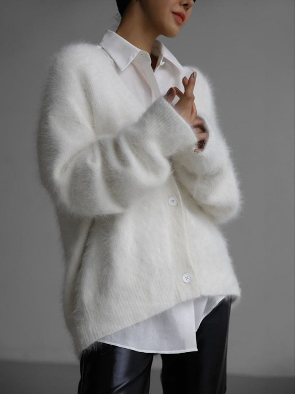 Blue Zone Planet | loose long sleeve long wool V-neck sweater cardigan BLUE ZONE PLANET