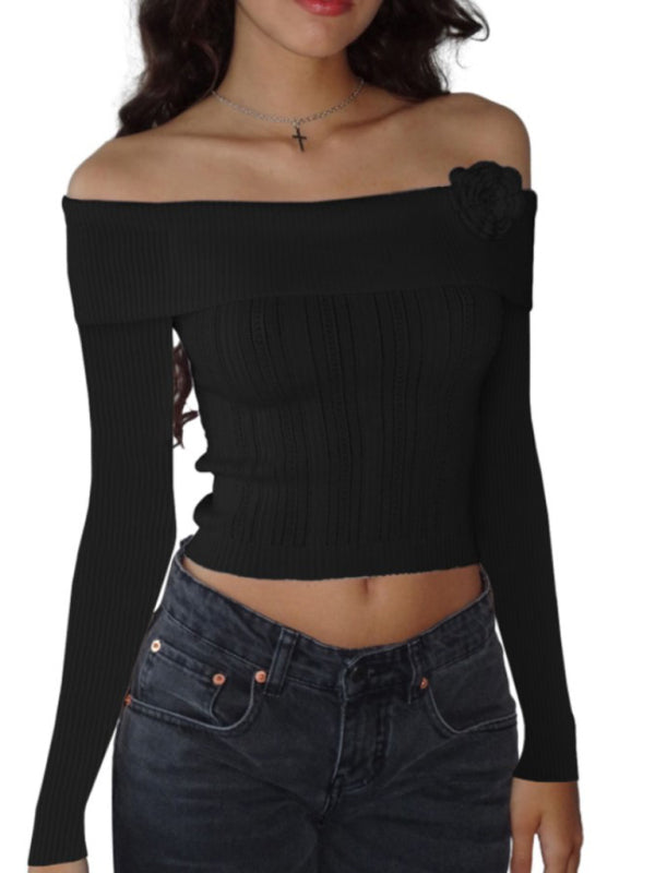 one-shoulder three-dimensional floral long-sleeved knitted top BLUE ZONE PLANET