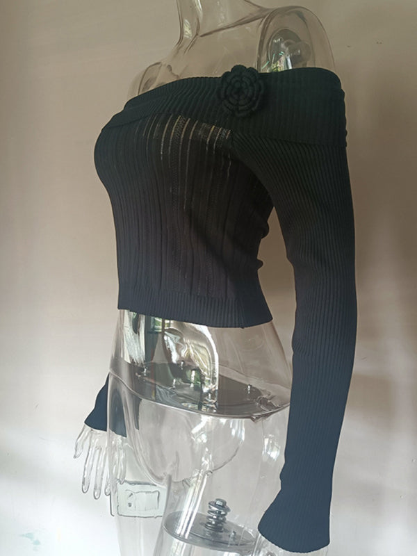 one-shoulder three-dimensional floral long-sleeved knitted top BLUE ZONE PLANET