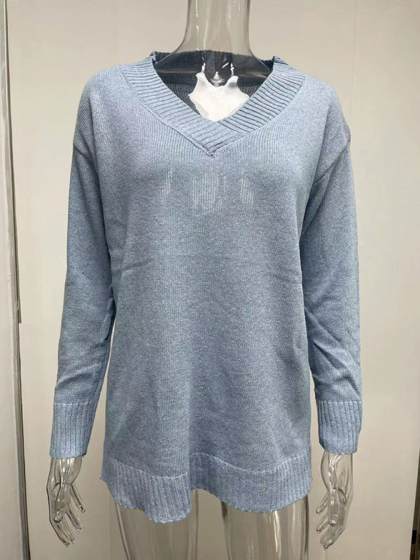 Blue Zone Planet | Women's V-neck long-sleeved pullover sweater top BLUE ZONE PLANET