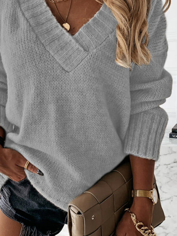 Blue Zone Planet | Women's V-neck long-sleeved pullover sweater top BLUE ZONE PLANET