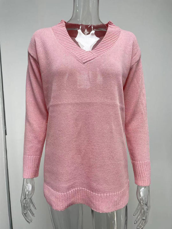 Blue Zone Planet | Women's V-neck long-sleeved pullover sweater top BLUE ZONE PLANET