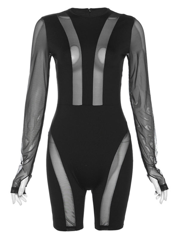 Blue Zone Planet | round neck long sleeve mesh see-through slim fit jumpsuit BLUE ZONE PLANET
