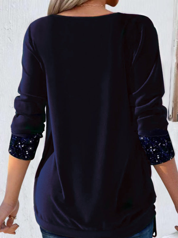 Long-sleeved large drop collar loose shirred fake two-piece top BLUE ZONE PLANET