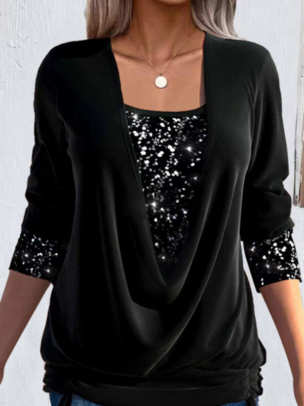 Long-sleeved large drop collar loose shirred fake two-piece top BLUE ZONE PLANET