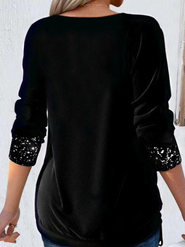 Long-sleeved large drop collar loose shirred fake two-piece top BLUE ZONE PLANET