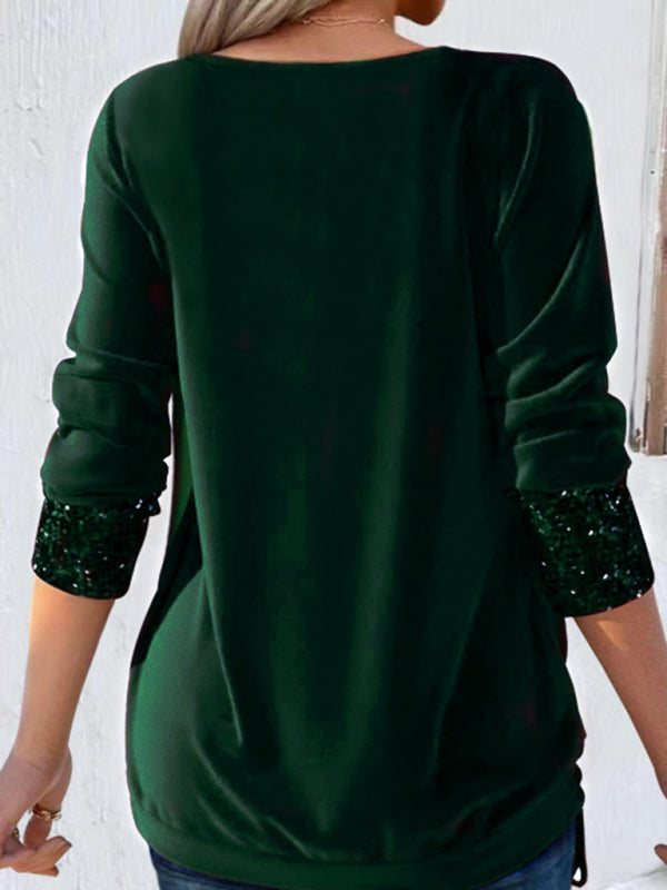 Long-sleeved large drop collar loose shirred fake two-piece top BLUE ZONE PLANET