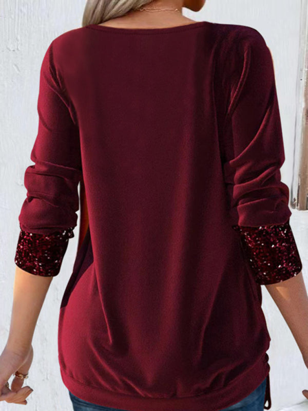 Long-sleeved large drop collar loose shirred fake two-piece top BLUE ZONE PLANET