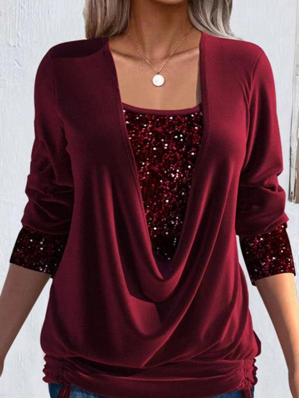 Long-sleeved large drop collar loose shirred fake two-piece top BLUE ZONE PLANET