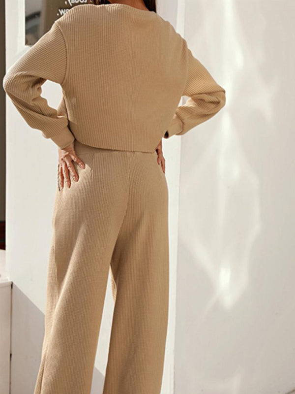 Blue Zone Planet | two piece set round neck long sleeve wide leg pants BLUE ZONE PLANET