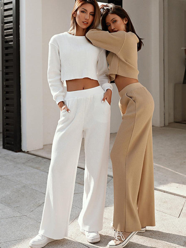 Blue Zone Planet | two piece set round neck long sleeve wide leg pants BLUE ZONE PLANET
