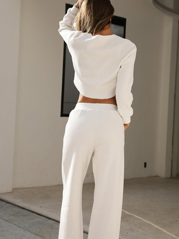 Blue Zone Planet | two piece set round neck long sleeve wide leg pants BLUE ZONE PLANET