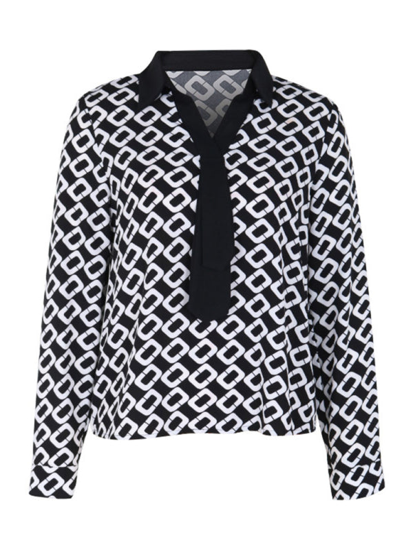 V-lapel printed long-sleeved shirt BLUE ZONE PLANET