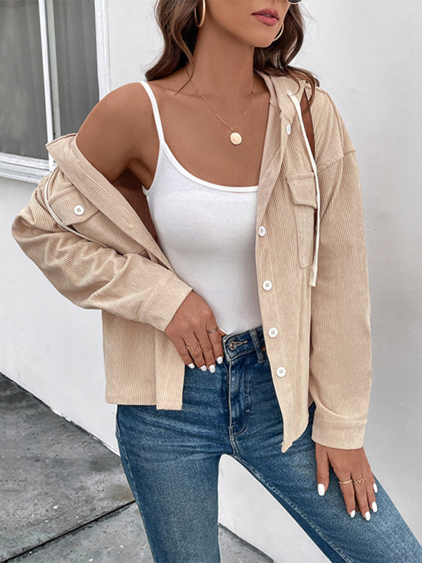 Drawstring corduroy hooded retro jacket kakaclo