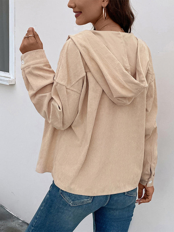 Drawstring corduroy hooded retro jacket kakaclo