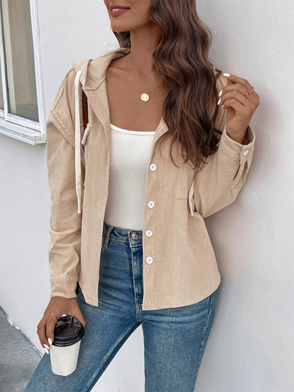 Drawstring corduroy hooded retro jacket kakaclo