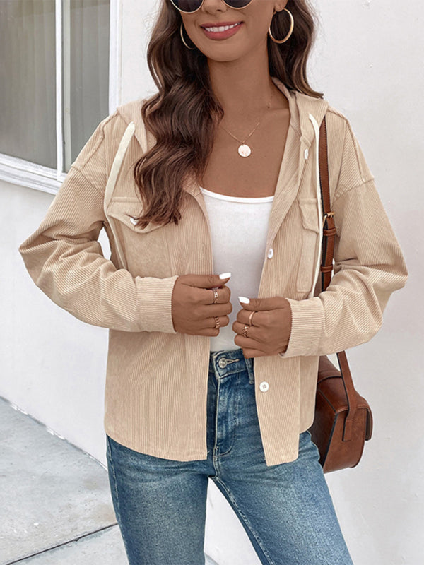Drawstring corduroy hooded retro jacket kakaclo