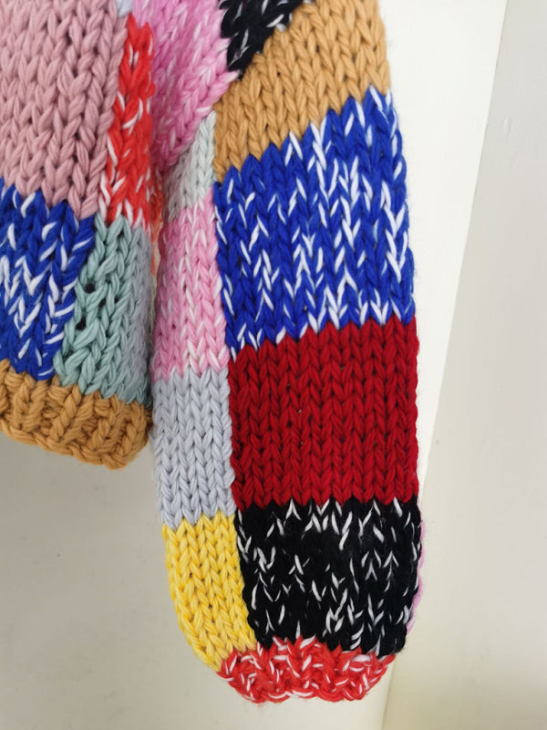 Blue Zone Planet | retro contrast color rainbow plaid heavy handmade versatile cardigan sweater BLUE ZONE PLANET