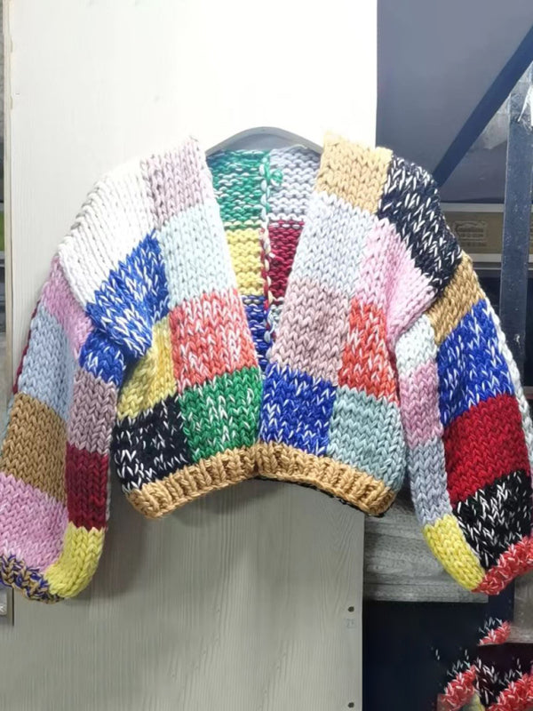 Blue Zone Planet | retro contrast color rainbow plaid heavy handmade versatile cardigan sweater BLUE ZONE PLANET