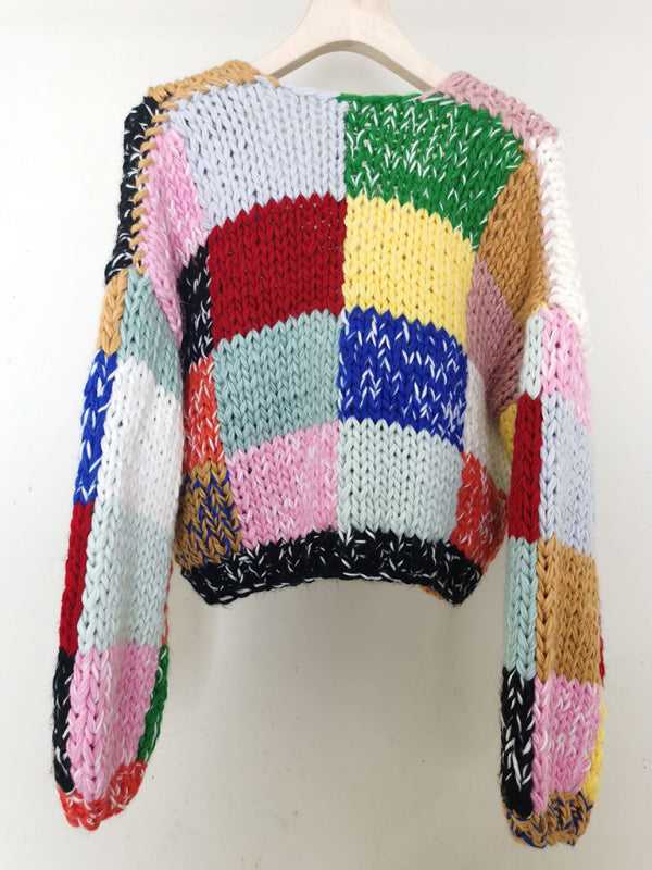 Blue Zone Planet | retro contrast color rainbow plaid heavy handmade versatile cardigan sweater BLUE ZONE PLANET